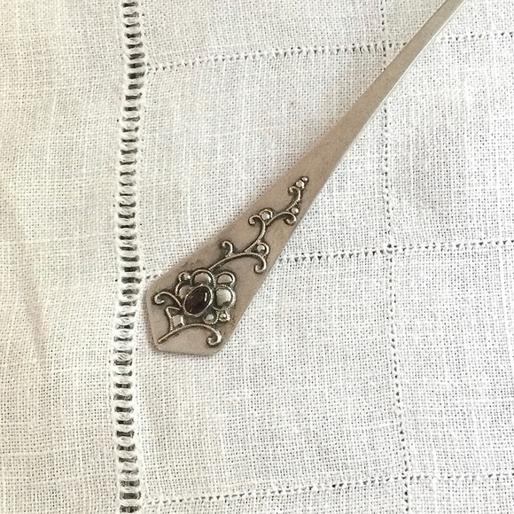 Hilde Vollers Floral Pattern w Bezel Set Garnet Silver Serving Spoon - Handmade - Picture 2 of 11